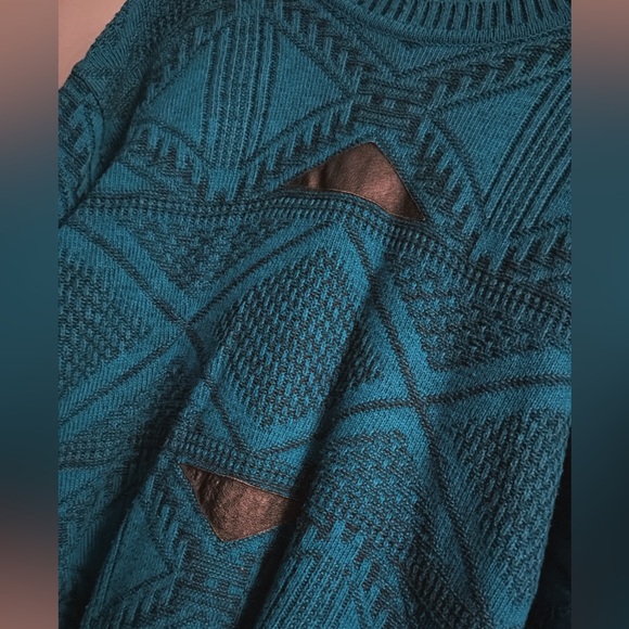 Vintage Teal Geometric Sweater Leather Patchwork Oversized 90s Textured Knit - Picture 2 of 4